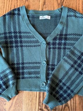Hollister Sage Green and Black Plaid V-Neck Cardigan